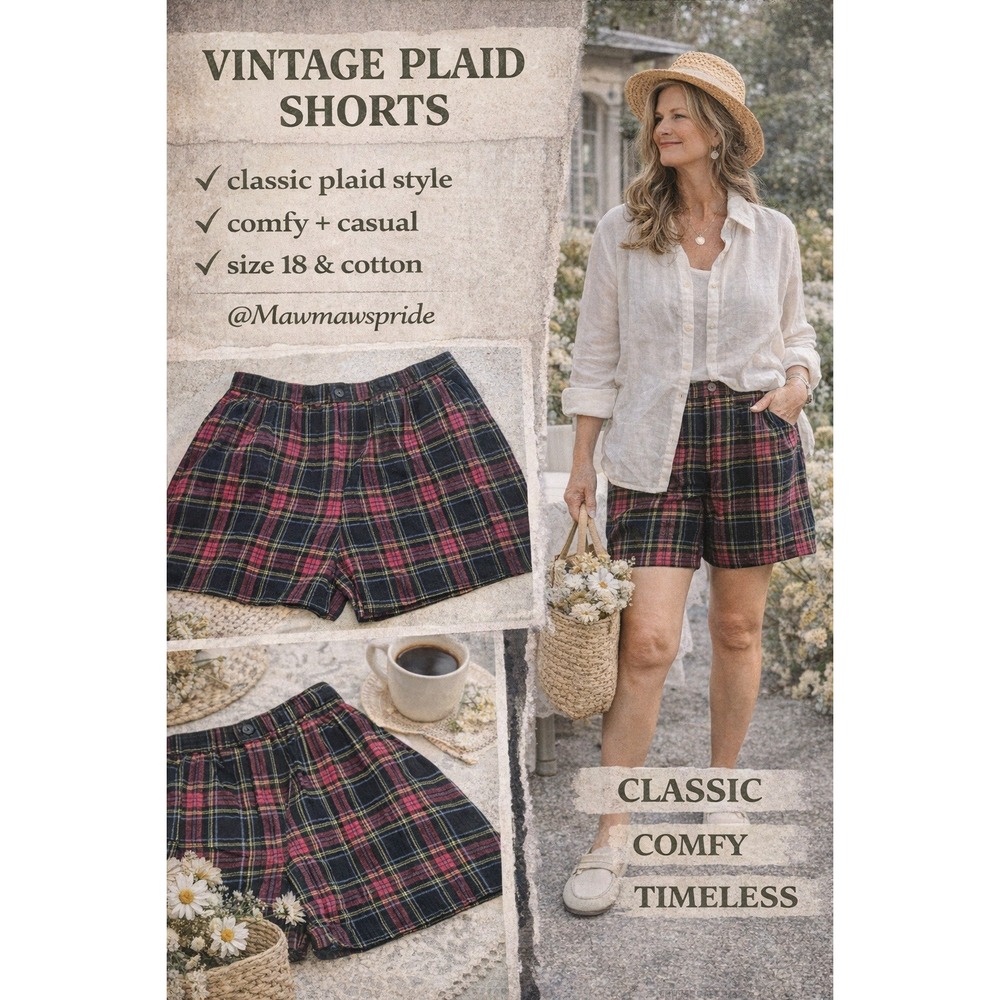 Vintage Plaid Corduroy Shorts Womens 18 Black Red Tartan Grunge Cottagecore - Picture 2 of 14